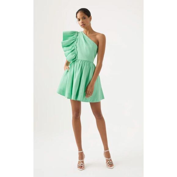 AJE Bonjour Asymmetrical Green One Shoulder Ruffle Mini Dress XS, AU6/US2